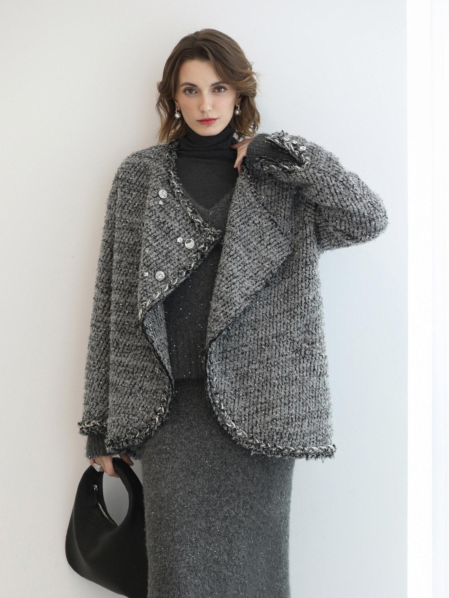 COCOBELLA Wool Blend Button Straight Fit Lapel Collar Office Sequin Paris Gray Coats