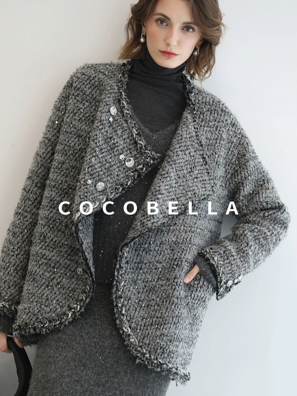 COCOBELLA Wool Blend Button Straight Fit Lapel Collar Office Sequin Paris Gray Coats