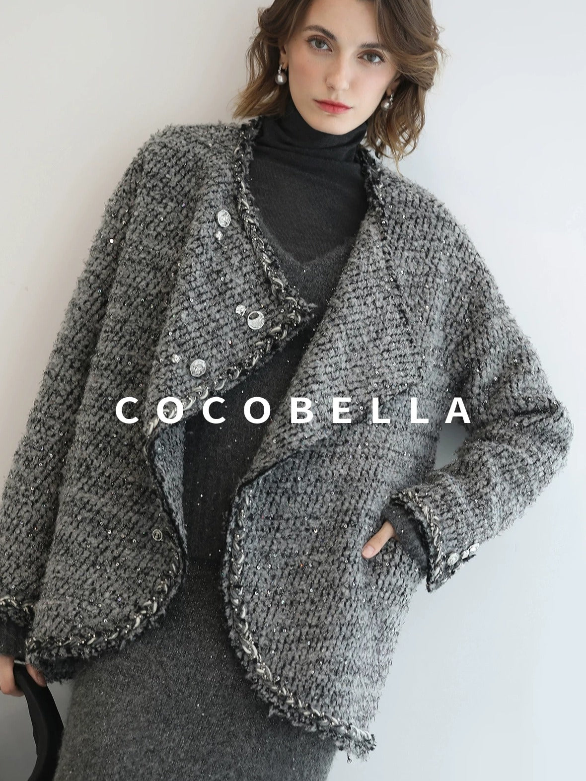 COCOBELLA Wool Blend Button Straight Fit Lapel Collar Office Sequin Paris Gray Coats