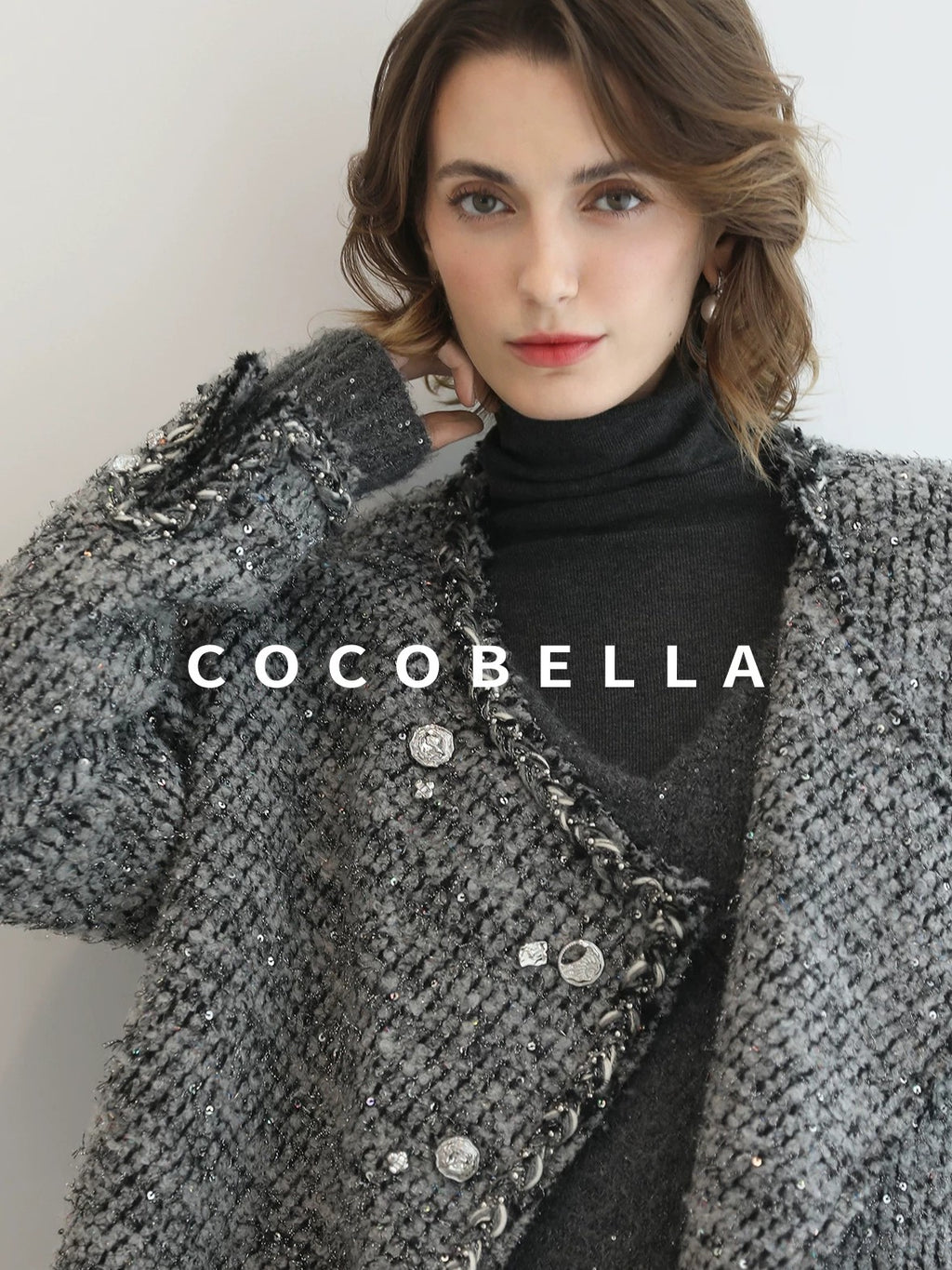 COCOBELLA Wool Blend Button Straight Fit Lapel Collar Office Sequin Paris Gray Coats