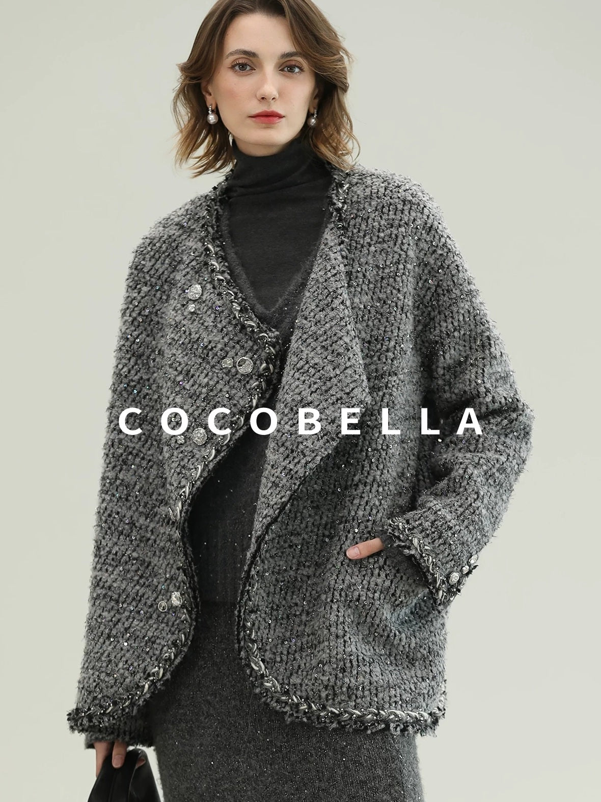 COCOBELLA Wool Blend Button Straight Fit Lapel Collar Office Sequin Paris Gray Coats