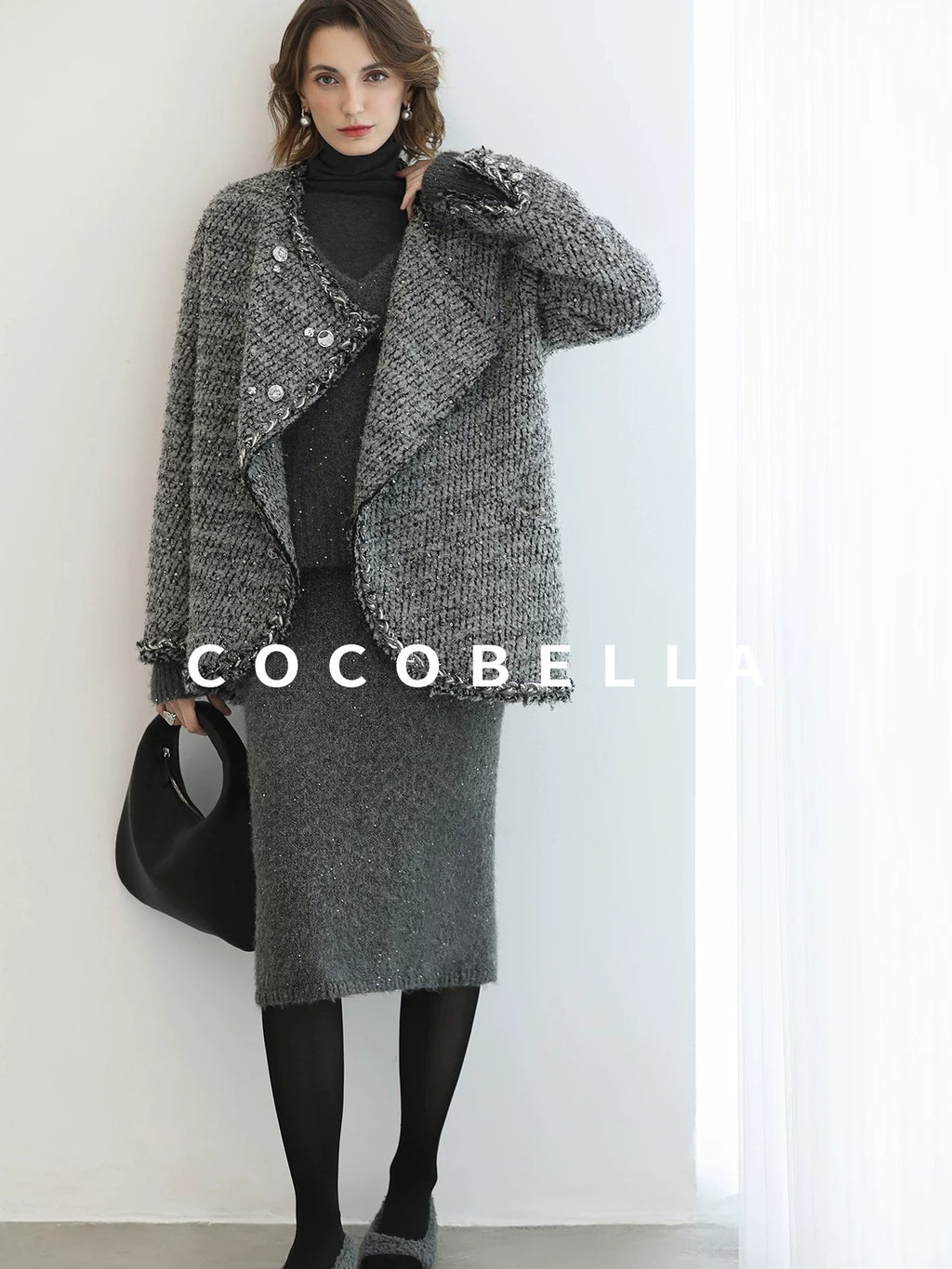 COCOBELLA Wool Blend Button Straight Fit Lapel Collar Office Sequin Paris Gray Coats