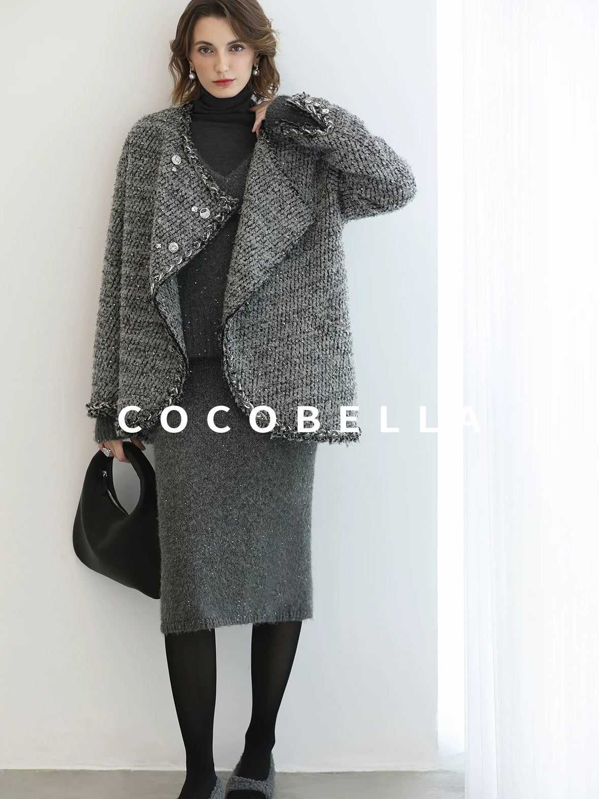 COCOBELLA Wool Blend Button Straight Fit Lapel Collar Office Sequin Paris Gray Coats