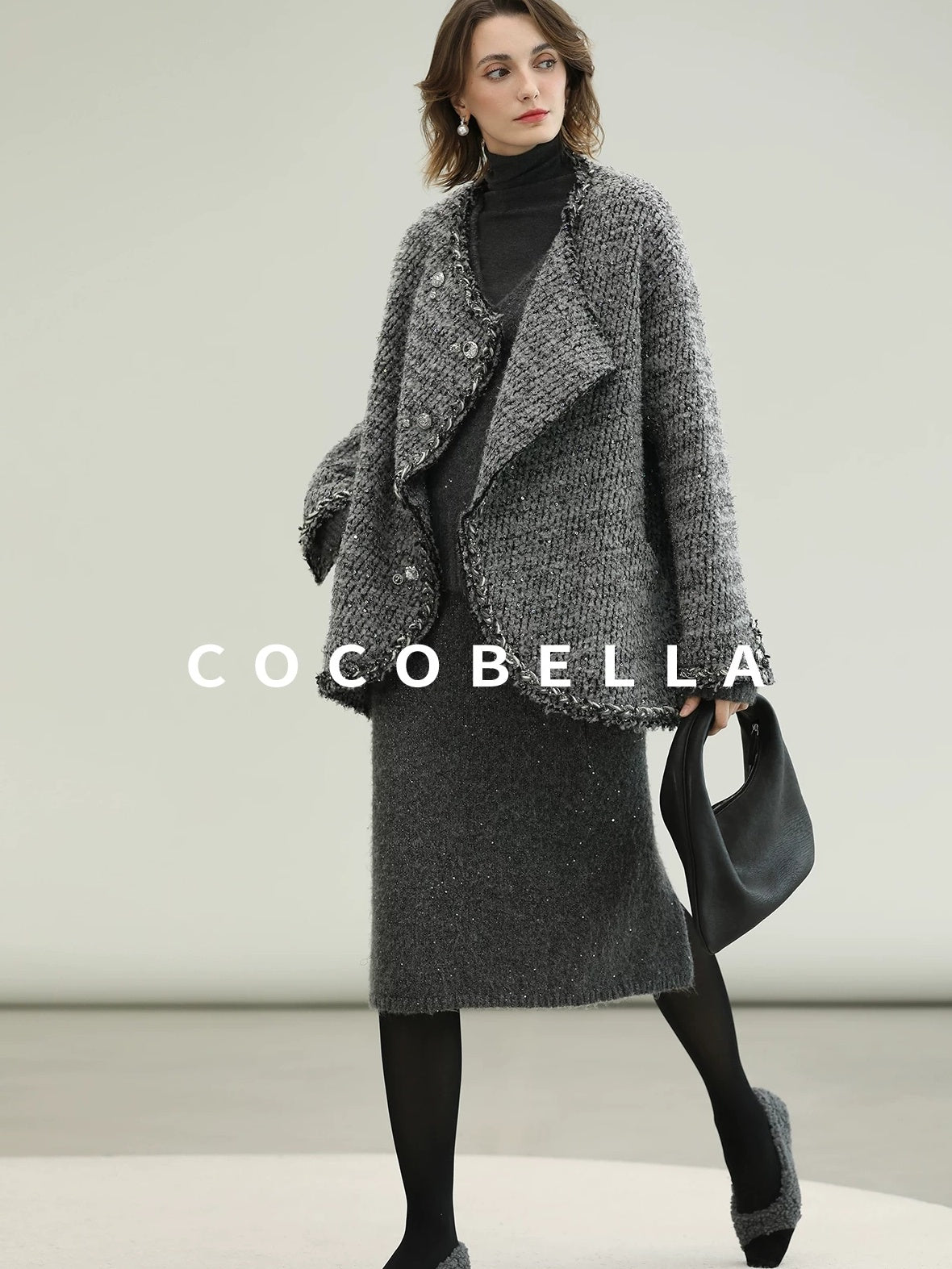 COCOBELLA Wool Blend Button Straight Fit Lapel Collar Office Sequin Paris Gray Coats