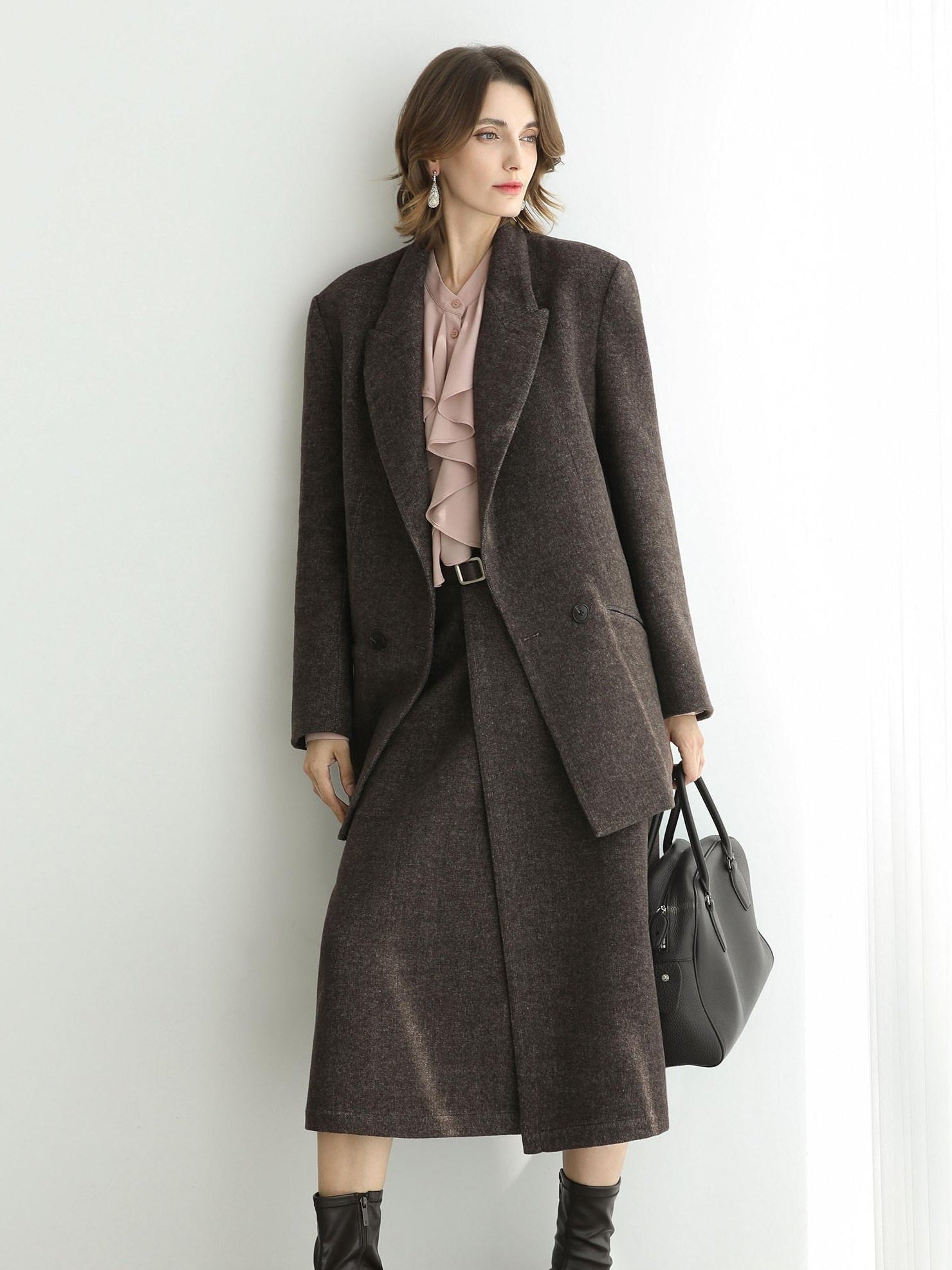 COCOBELLA Wool Blend Double Breasted Notched Lapel Relaxed Fit Office Women Mocha Jackets