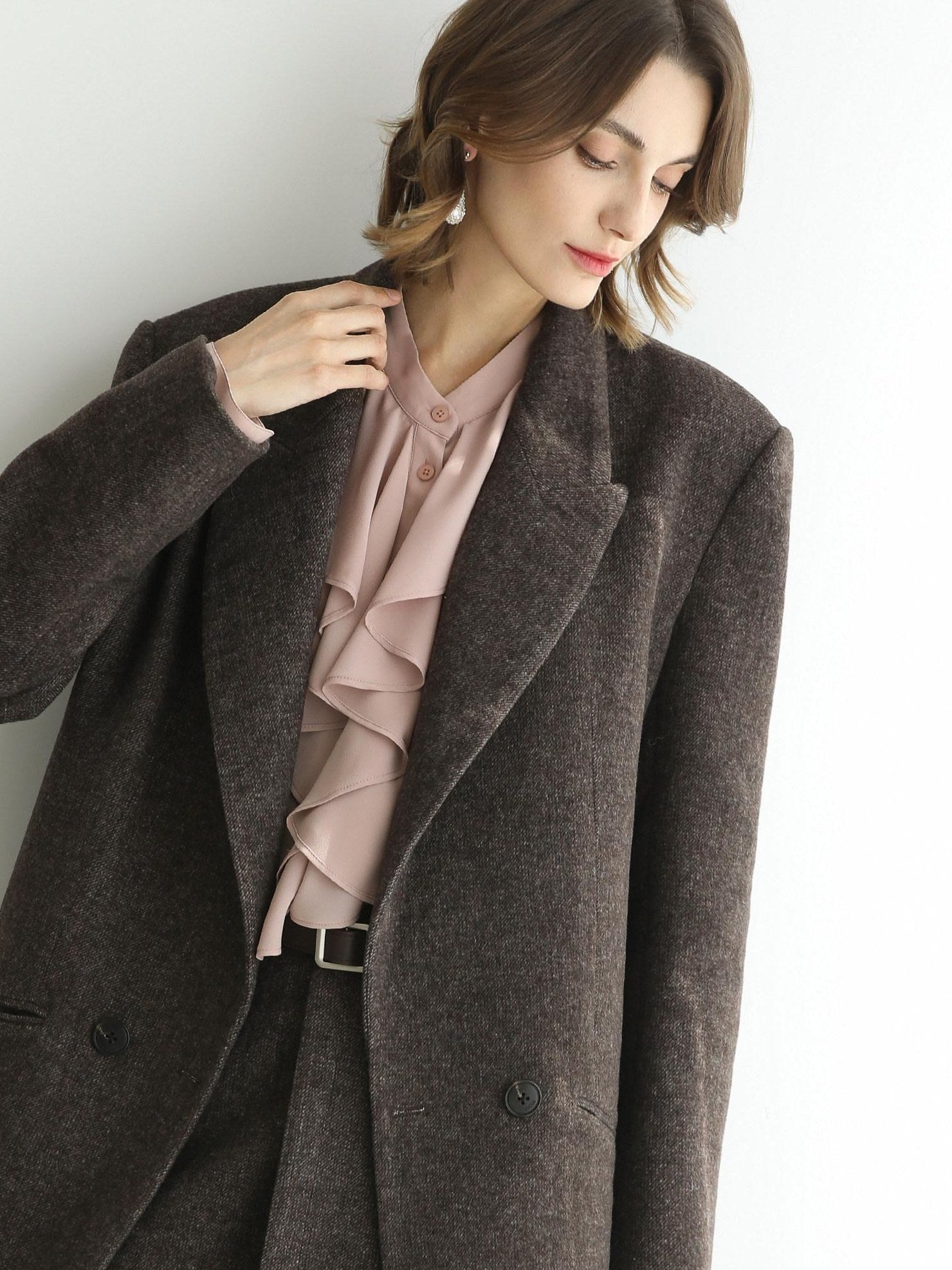 COCOBELLA Wool Blend Double Breasted Notched Lapel Relaxed Fit Office Women Mocha Jackets