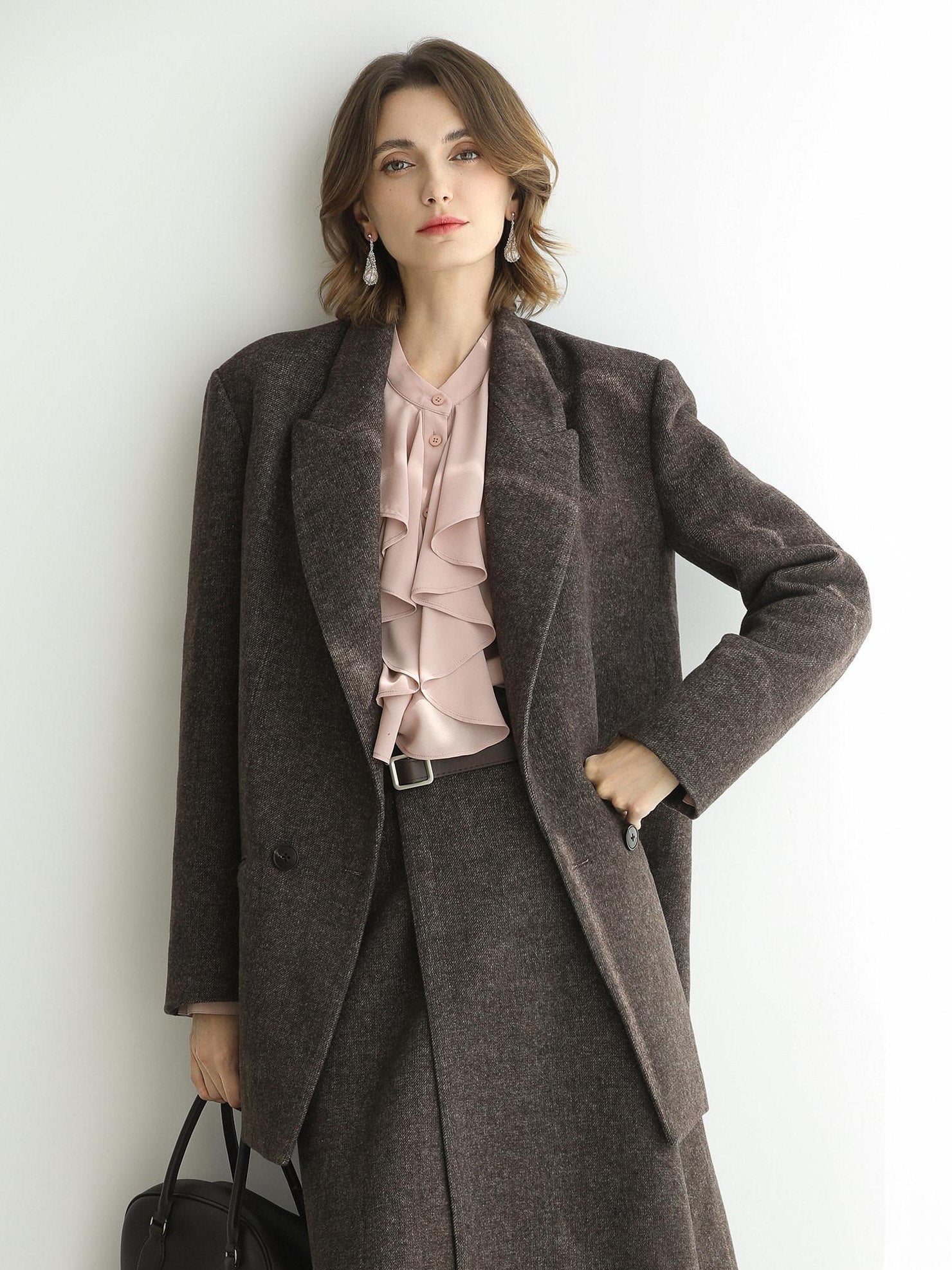 COCOBELLA Wool Blend Double Breasted Notched Lapel Relaxed Fit Office Women Mocha Jackets