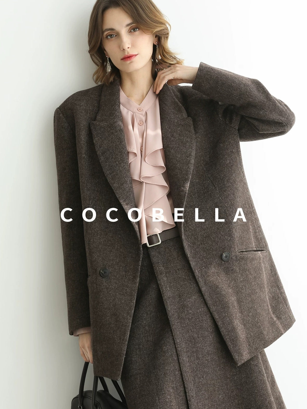 COCOBELLA Wool Blend Double Breasted Notched Lapel Relaxed Fit Office Women Mocha Jackets