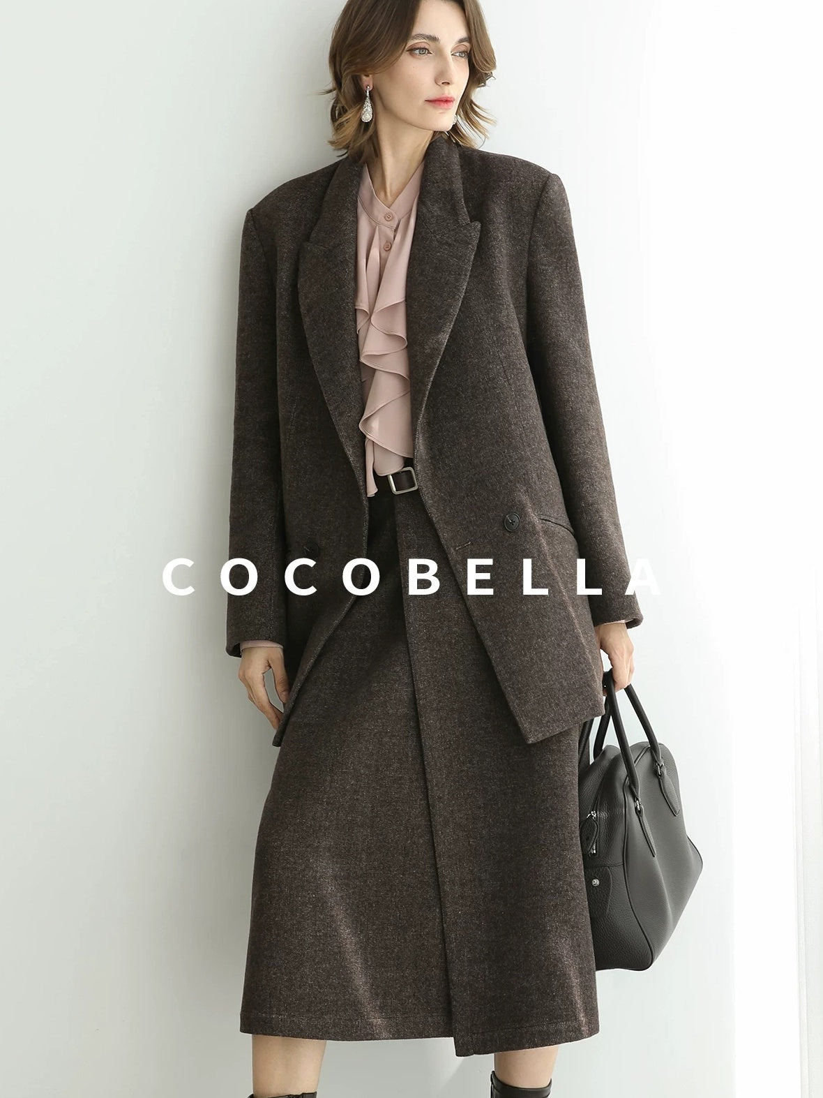 COCOBELLA Wool Blend Double Breasted Notched Lapel Relaxed Fit Office Women Mocha Jackets