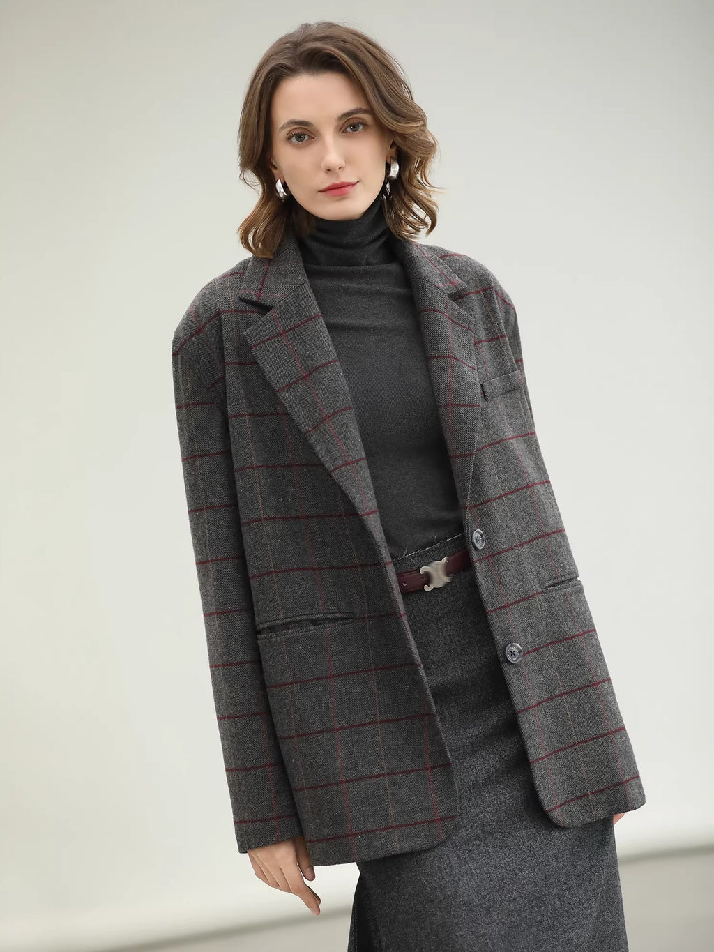 COCOBELLA_Wool_Blend_Frayed_Edge_Straight_Cut_Women_Gray_Plaid_Single_Button_Blazers_MISSTT