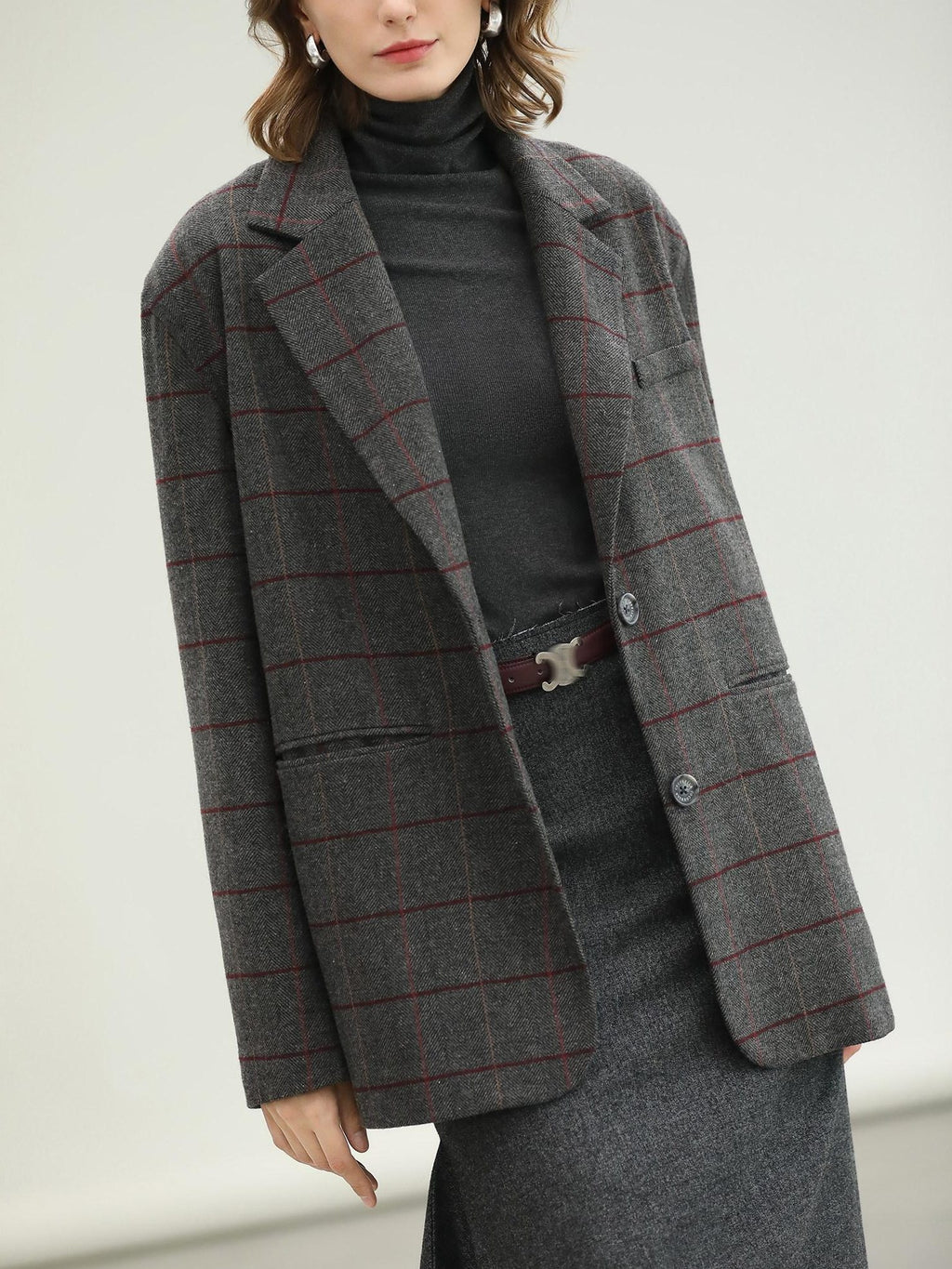 COCOBELLA Wool Blend Frayed Edge Straight Cut Women Gray Plaid Single Button Blazers