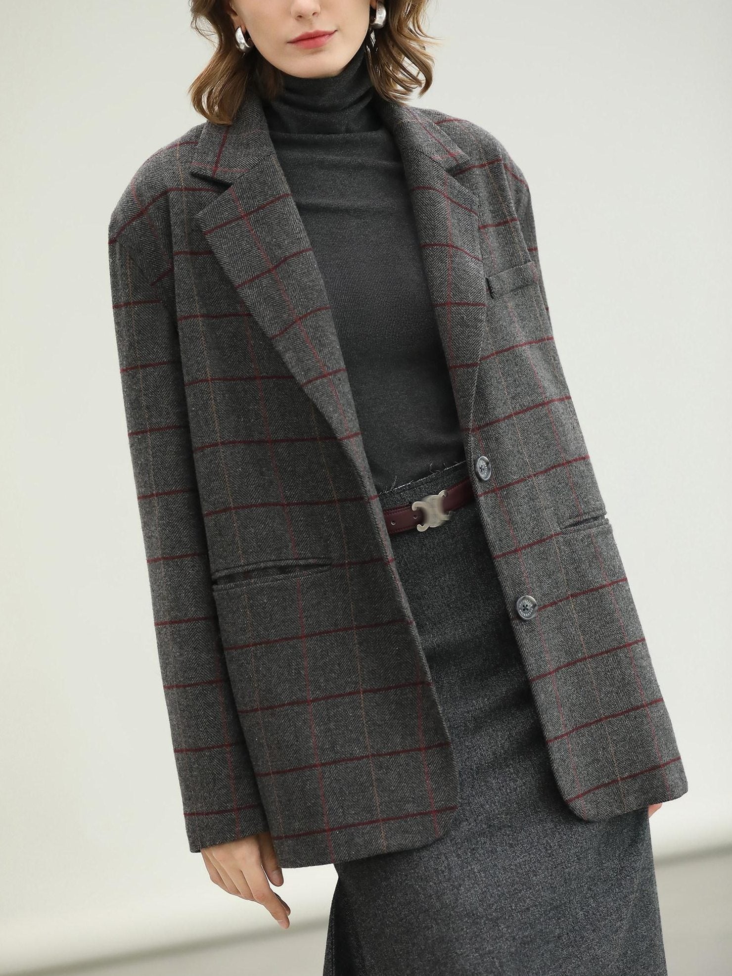 COCOBELLA Wool Blend Frayed Edge Straight Cut Women Gray Plaid Single Button Blazers