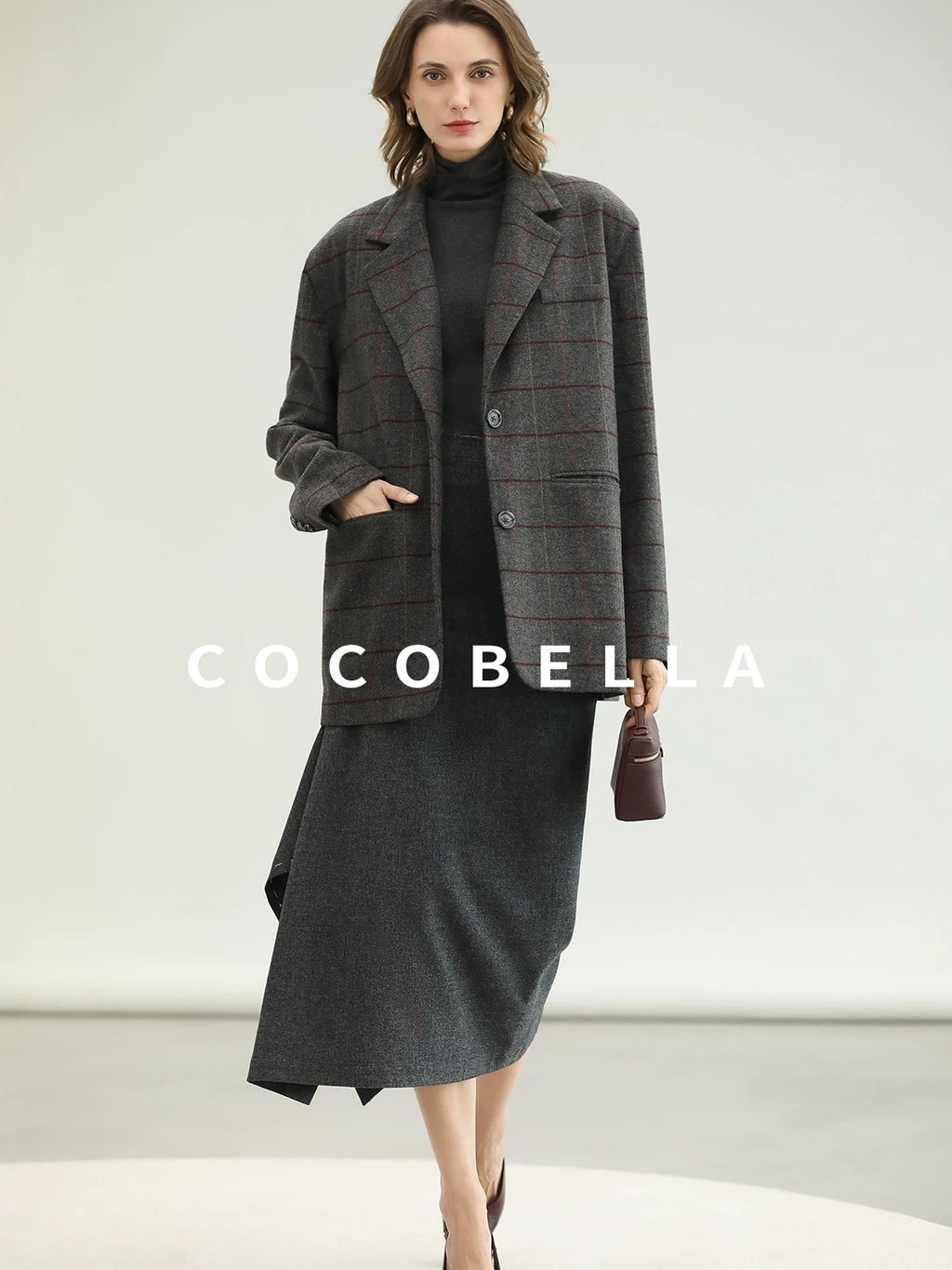 COCOBELLA Wool Blend Frayed Edge Straight Cut Women Gray Plaid Single Button Blazers