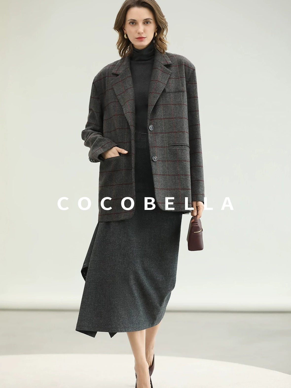 COCOBELLA Wool Blend Frayed Edge Straight Cut Women Gray Plaid Single Button Blazers