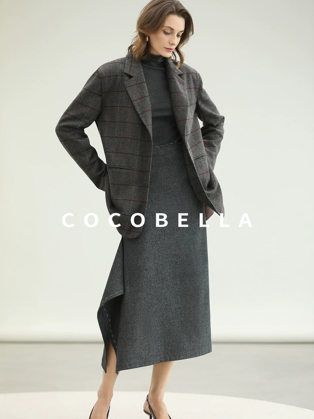 COCOBELLA Wool Blend Frayed Edge Straight Cut Women Gray Plaid Single Button Blazers