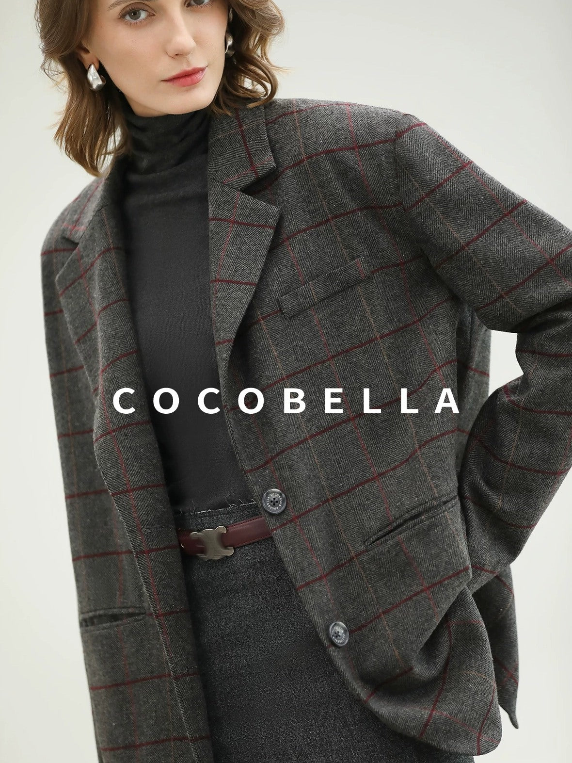 COCOBELLA Wool Blend Frayed Edge Straight Cut Women Gray Plaid Single Button Blazers