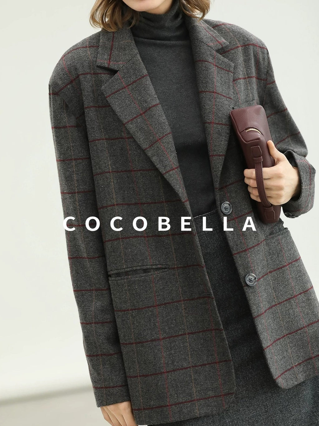 COCOBELLA Wool Blend Frayed Edge Straight Cut Women Gray Plaid Single Button Blazers