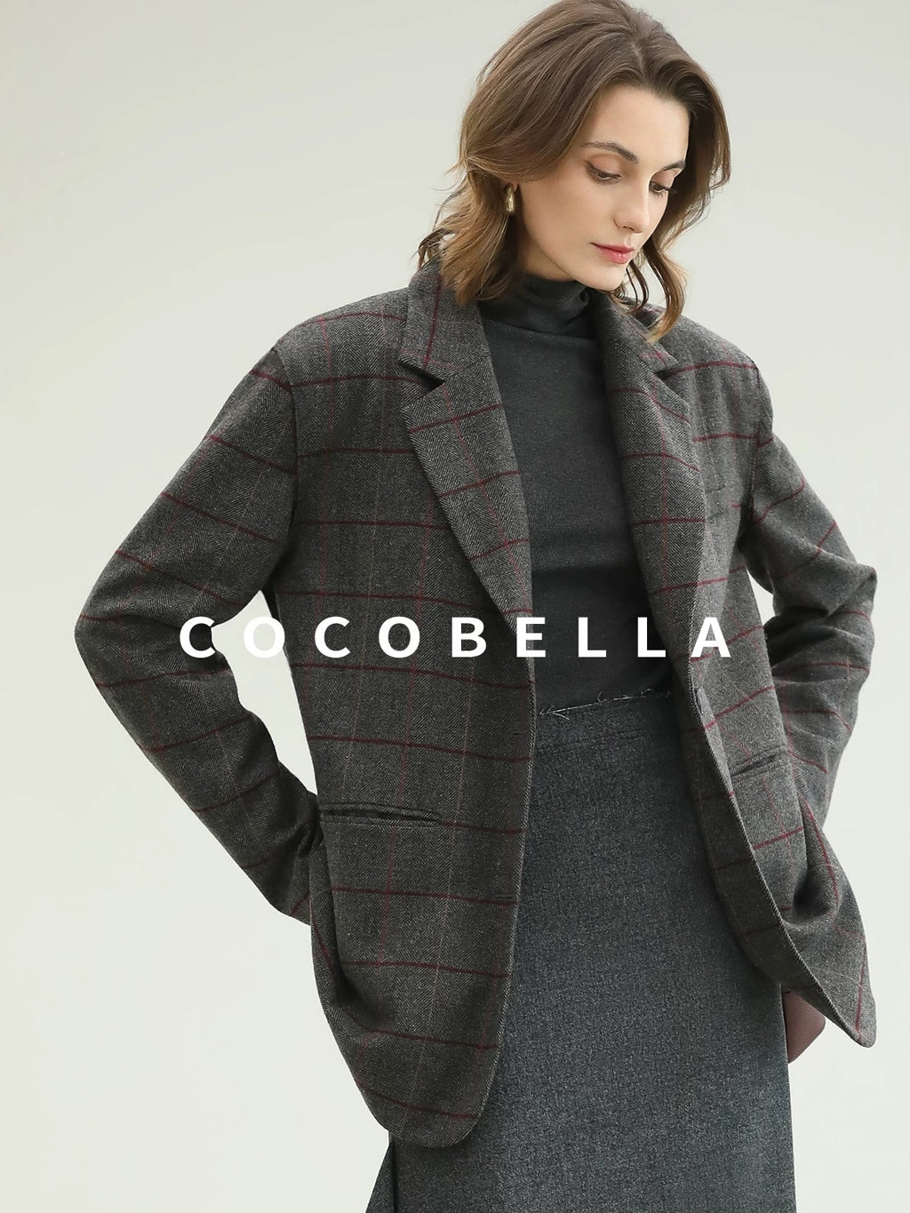 COCOBELLA Wool Blend Frayed Edge Straight Cut Women Gray Plaid Single Button Blazers