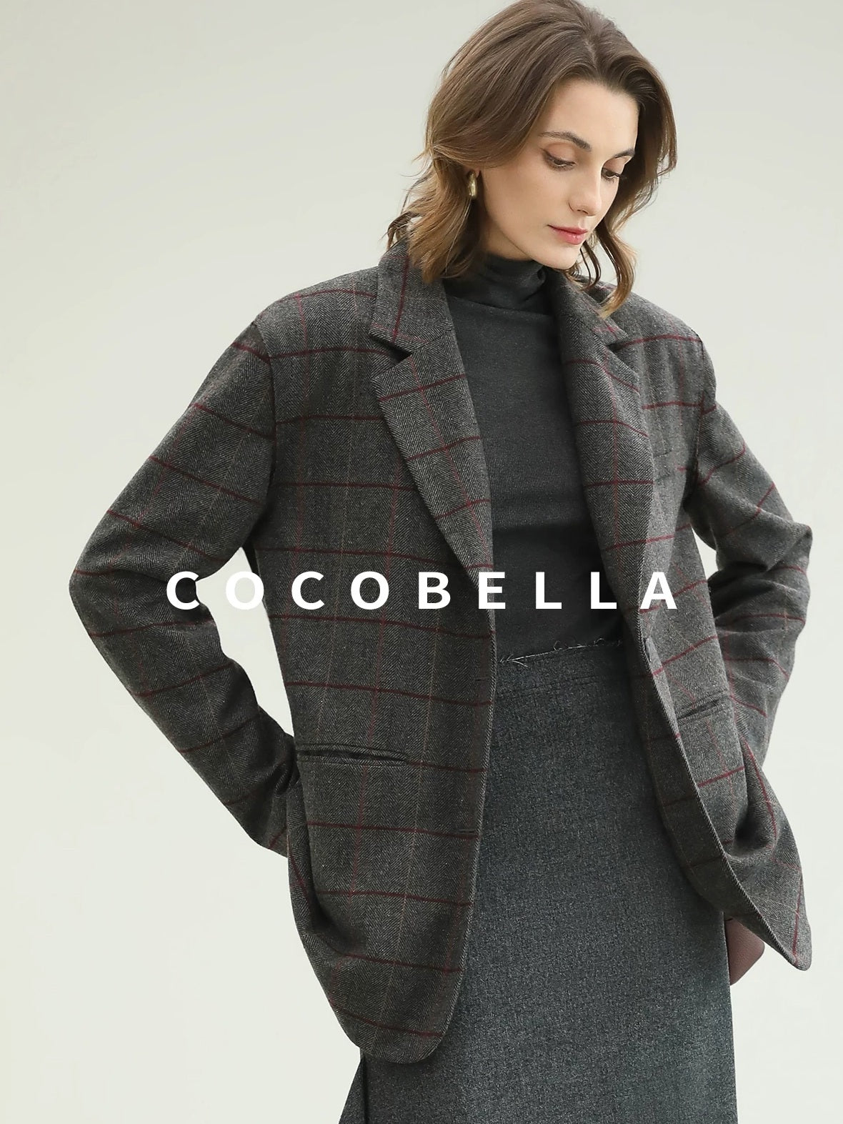 COCOBELLA Wool Blend Frayed Edge Straight Cut Women Gray Plaid Single Button Blazers