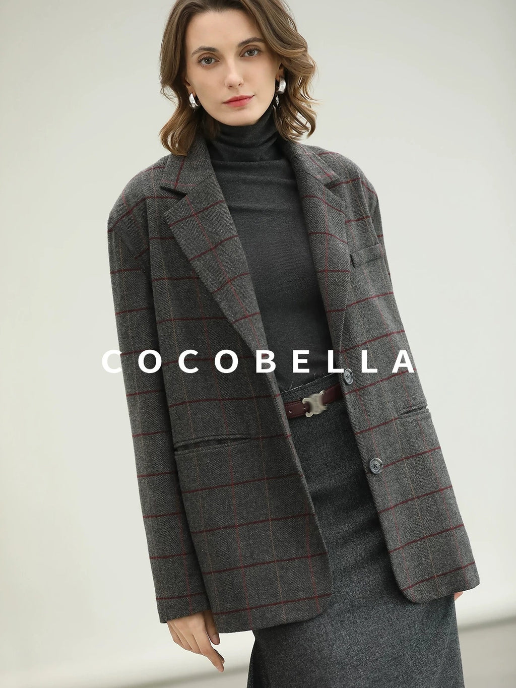 COCOBELLA Wool Blend Frayed Edge Straight Cut Women Gray Plaid Single Button Blazers