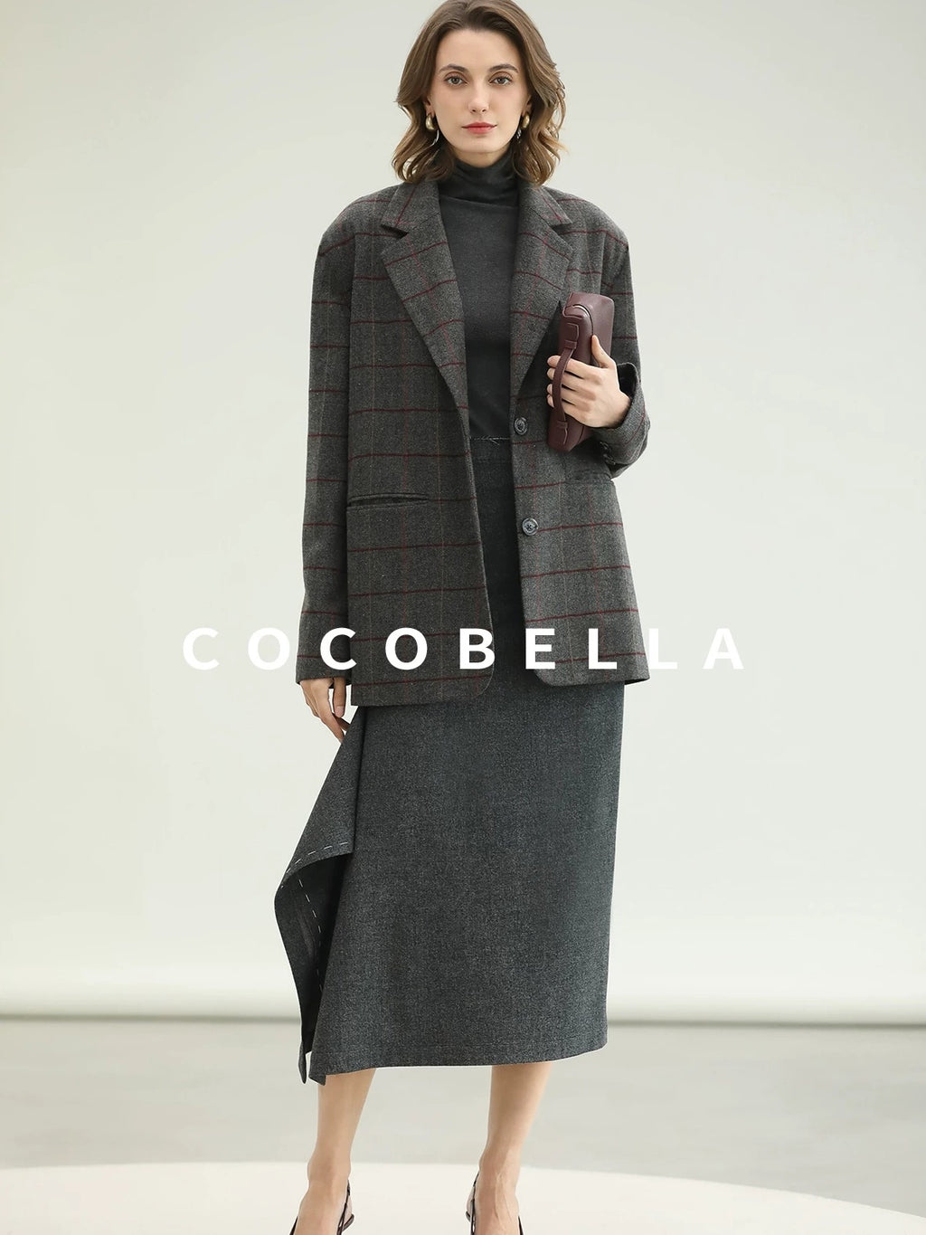 COCOBELLA Wool Blend Frayed Edge Straight Cut Women Gray Plaid Single Button Blazers