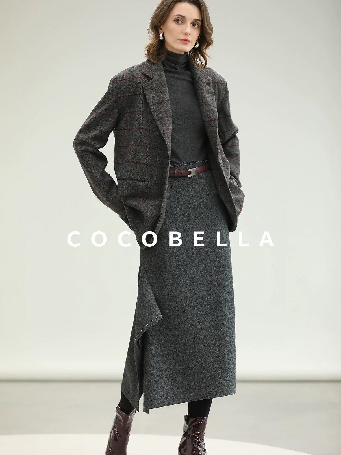 COCOBELLA Wool Blend Frayed Edge Straight Cut Women Gray Plaid Single Button Blazers