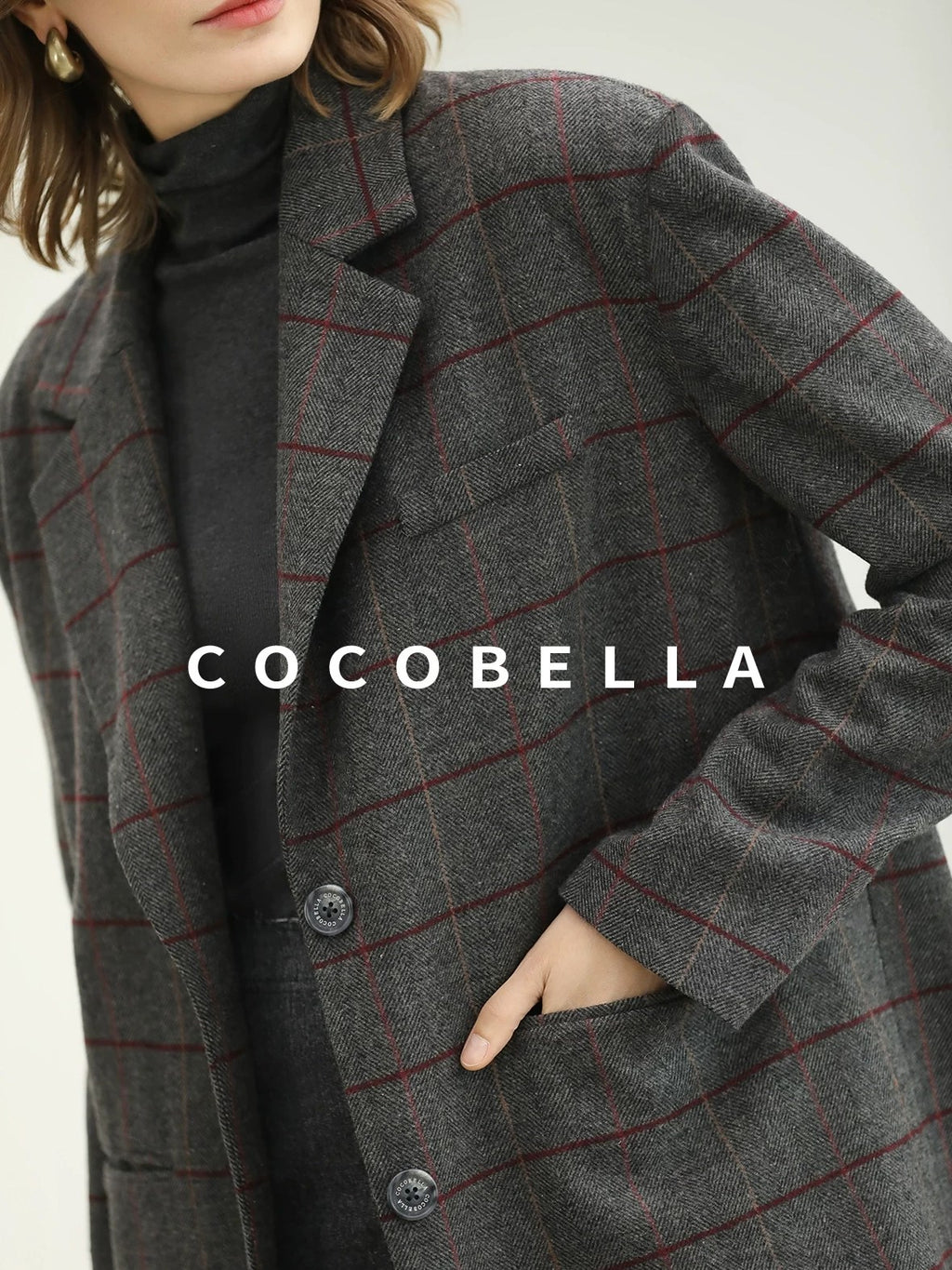 COCOBELLA Wool Blend Frayed Edge Straight Cut Women Gray Plaid Single Button Blazers