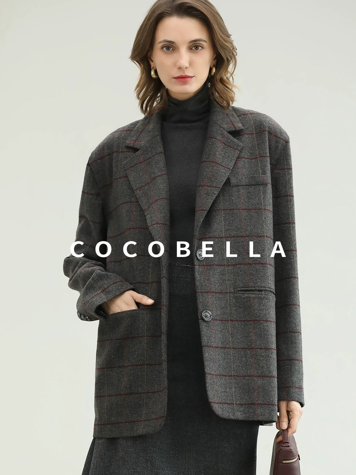 COCOBELLA Wool Blend Frayed Edge Straight Cut Women Gray Plaid Single Button Blazers
