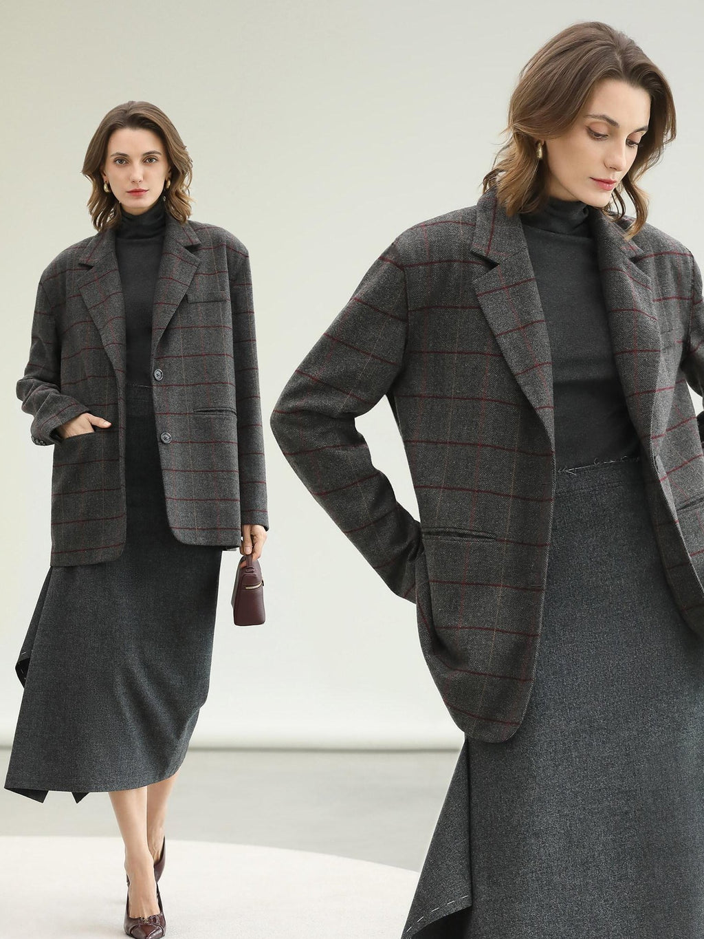 COCOBELLA Wool Blend Frayed Edge Straight Cut Women Gray Plaid Single Button Blazers