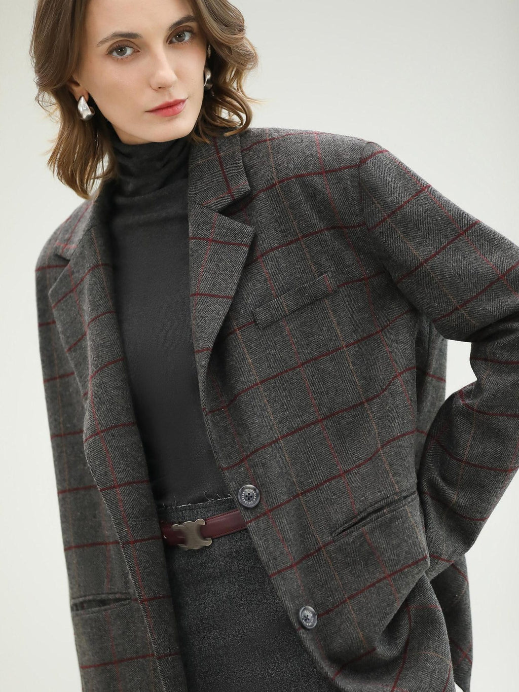 COCOBELLA Wool Blend Frayed Edge Straight Cut Women Gray Plaid Single Button Blazers