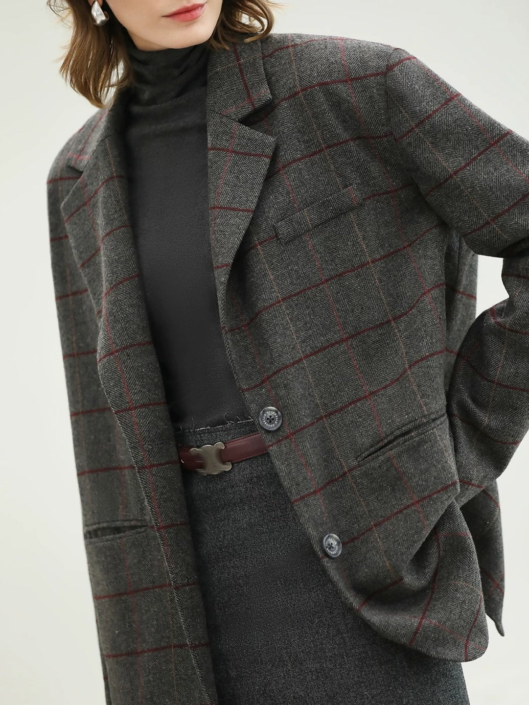 COCOBELLA Wool Blend Frayed Edge Straight Cut Women Gray Plaid Single Button Blazers