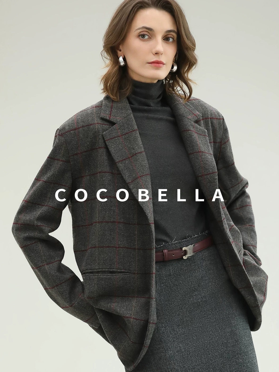 COCOBELLA Wool Blend Frayed Edge Straight Cut Women Gray Plaid Single Button Blazers