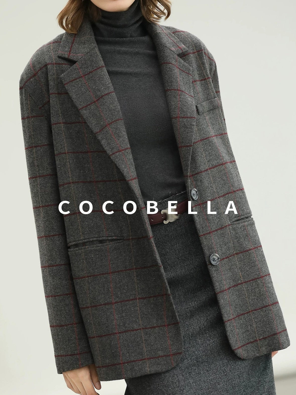 COCOBELLA Wool Blend Frayed Edge Straight Cut Women Gray Plaid Single Button Blazers