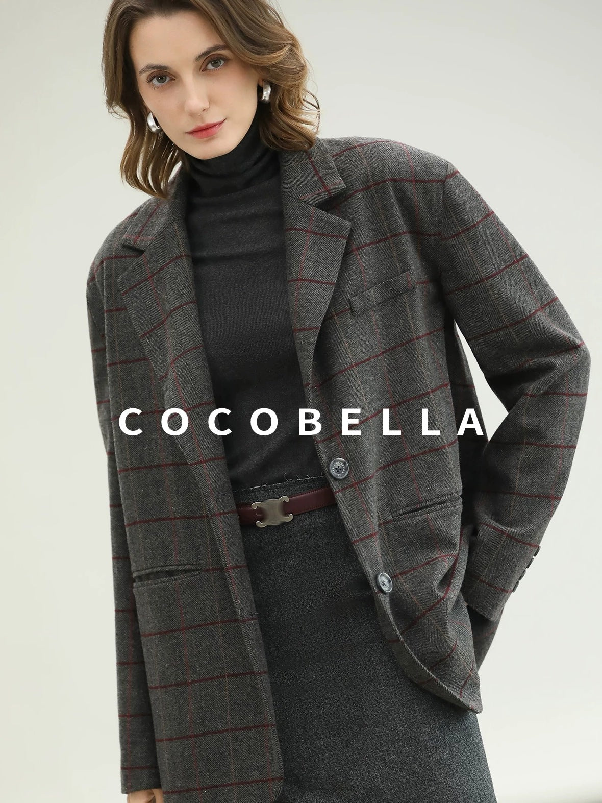 COCOBELLA Wool Blend Frayed Edge Straight Cut Women Gray Plaid Single Button Blazers