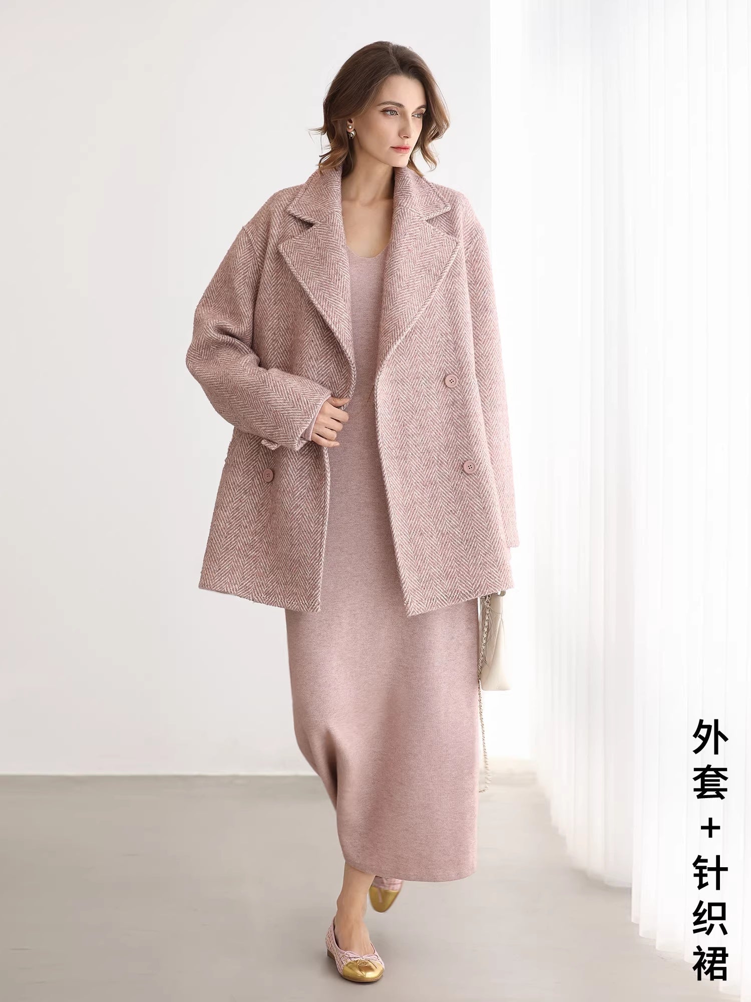 COCOBELLA_Wool_Blend_Herringbone_Double_Breasted_Mid_Length_Straight_Cut_Office_Lady_Coats_MISSTT