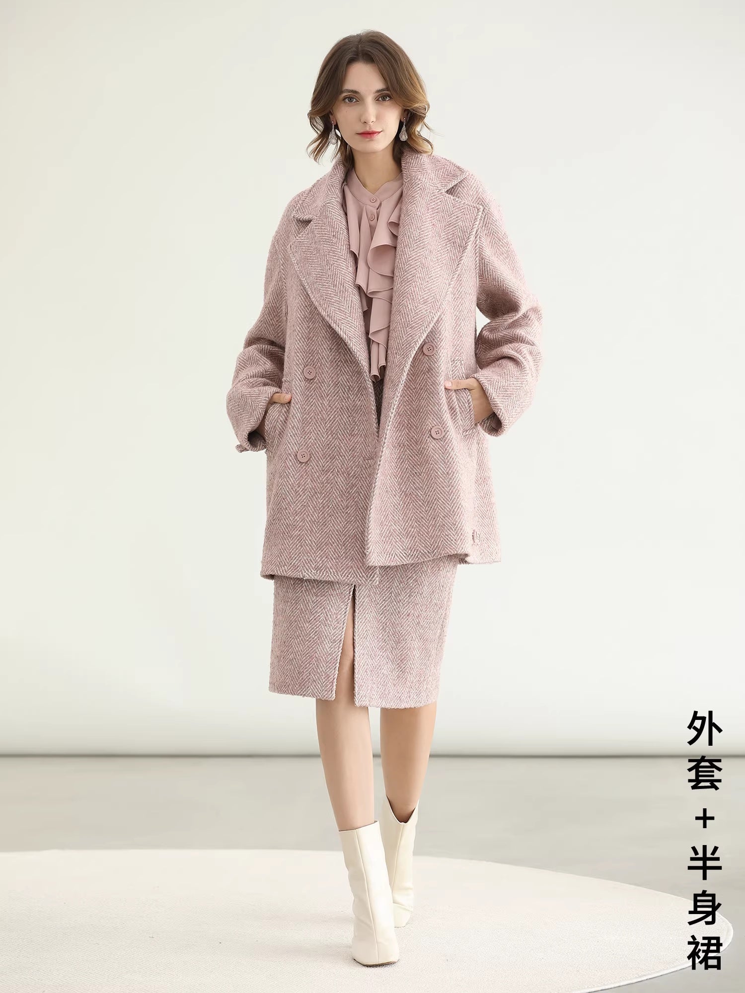 COCOBELLA_Wool_Blend_Herringbone_Double_Breasted_Mid_Length_Straight_Cut_Office_Lady_Coats_MISSTT