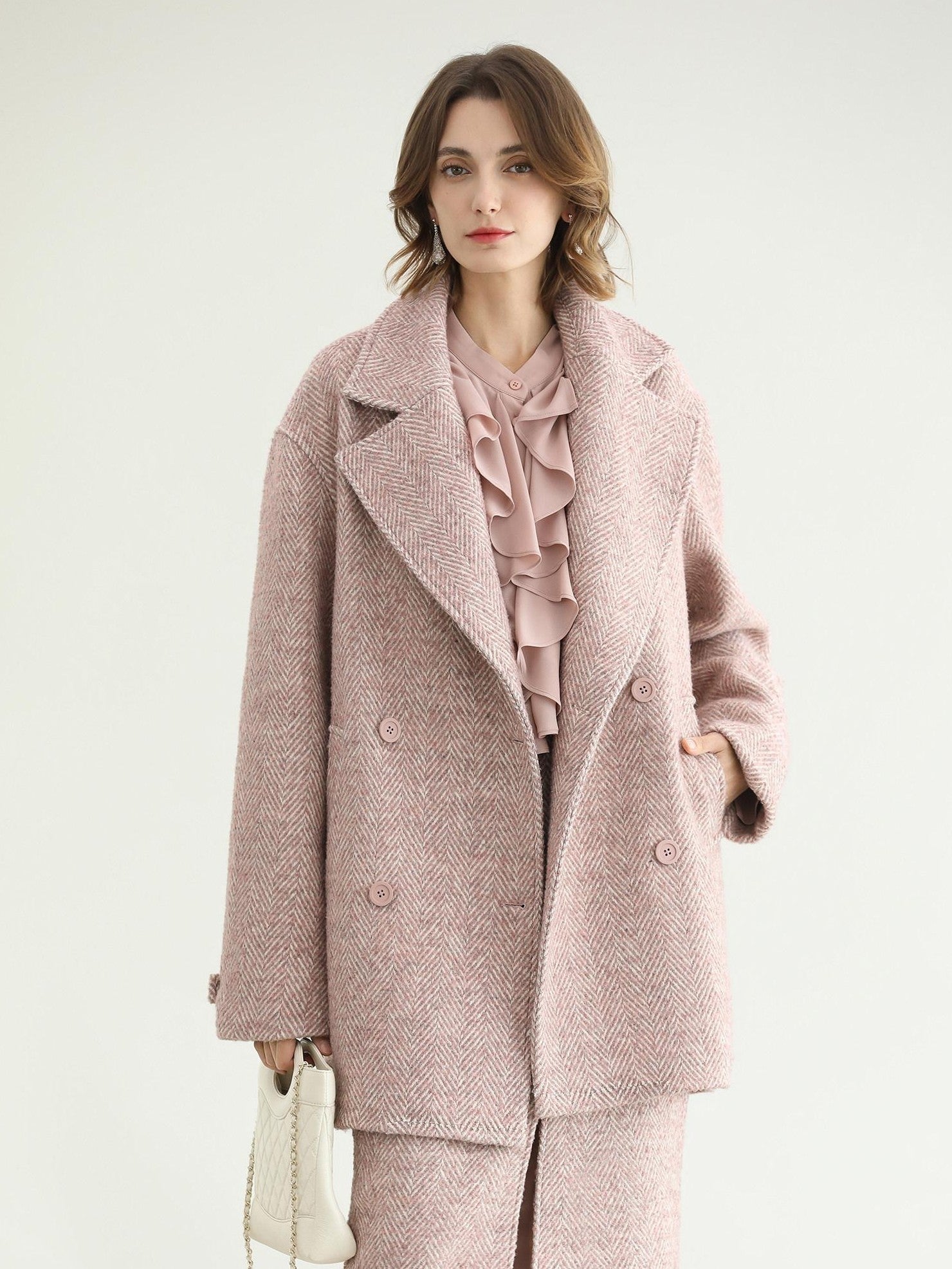 COCOBELLA Wool Blend Herringbone Double Breasted Mid Length Straight Cut Office Lady Coats