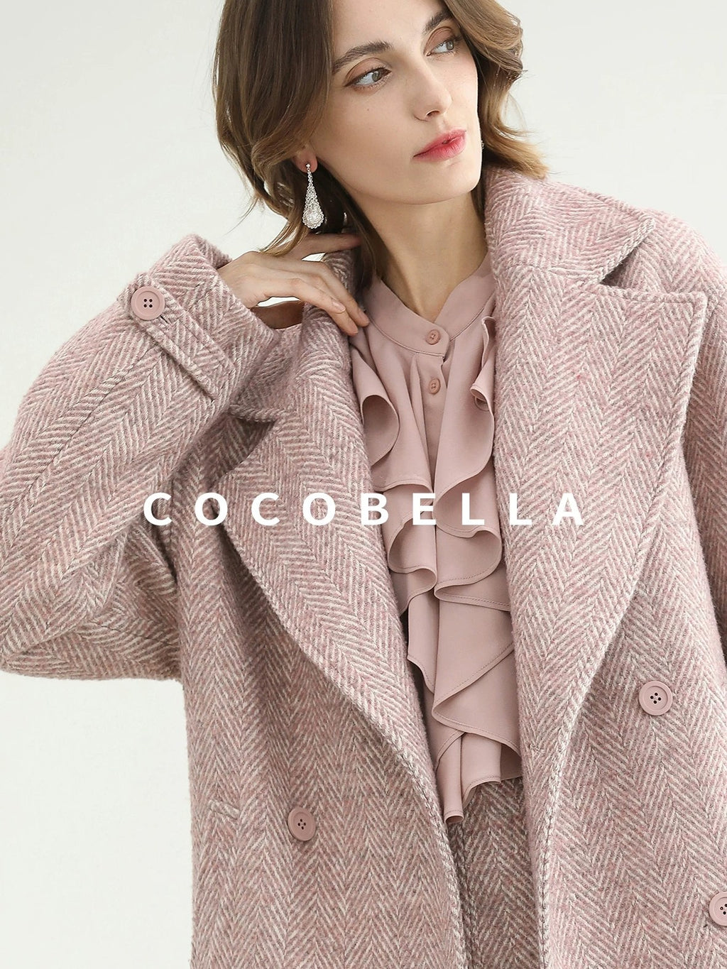 COCOBELLA Wool Blend Herringbone Double Breasted Mid Length Straight Cut Office Lady Coats