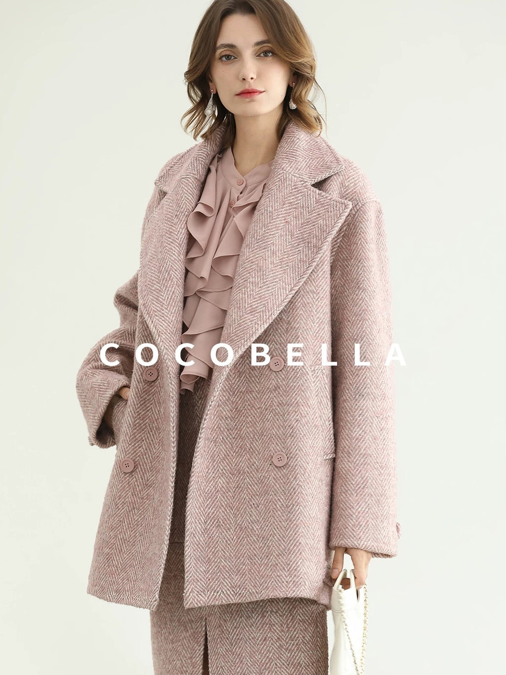 COCOBELLA Wool Blend Herringbone Double Breasted Mid Length Straight Cut Office Lady Coats