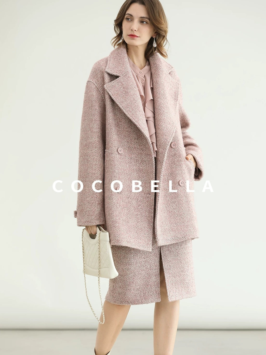 COCOBELLA Wool Blend Herringbone Double Breasted Mid Length Straight Cut Office Lady Coats