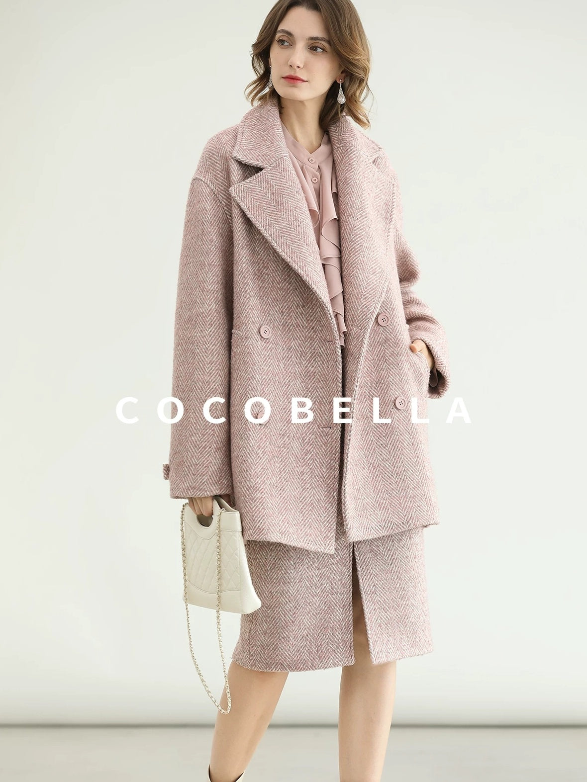 COCOBELLA Wool Blend Herringbone Double Breasted Mid Length Straight Cut Office Lady Coats
