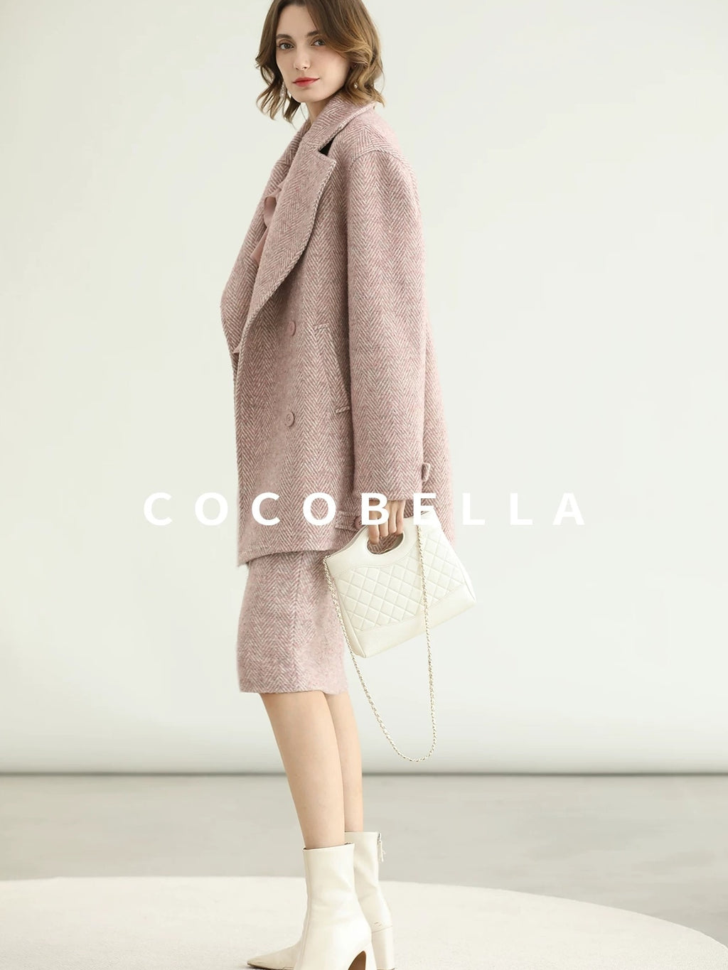 COCOBELLA Wool Blend Herringbone Double Breasted Mid Length Straight Cut Office Lady Coats