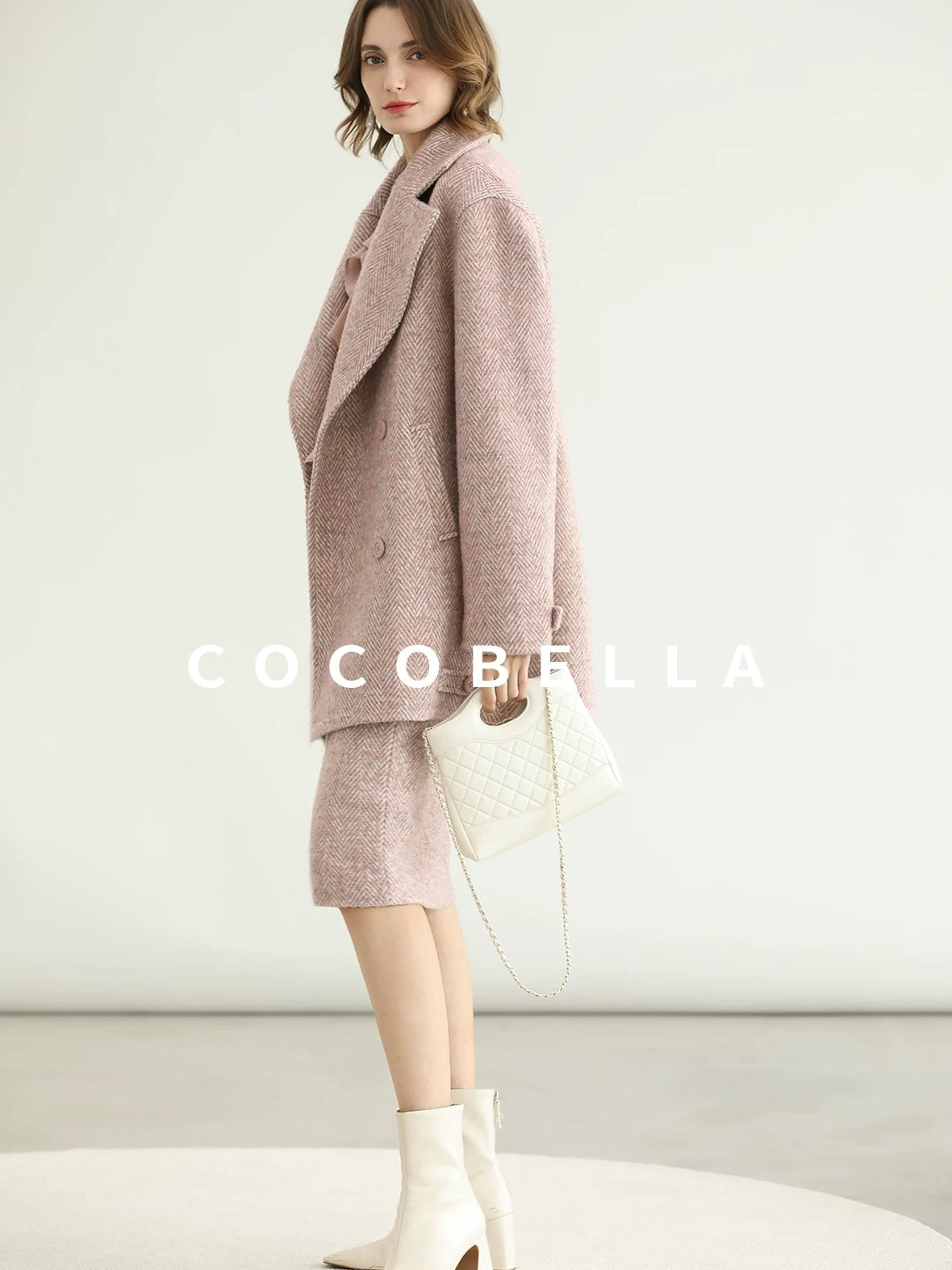 COCOBELLA Wool Blend Herringbone Double Breasted Mid Length Straight Cut Office Lady Coats