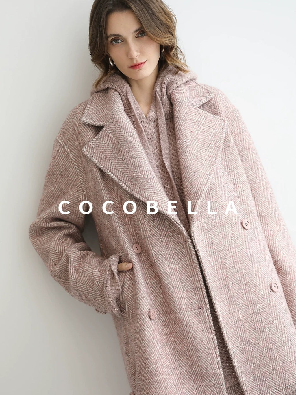 COCOBELLA Wool Blend Herringbone Double Breasted Mid Length Straight Cut Office Lady Coats
