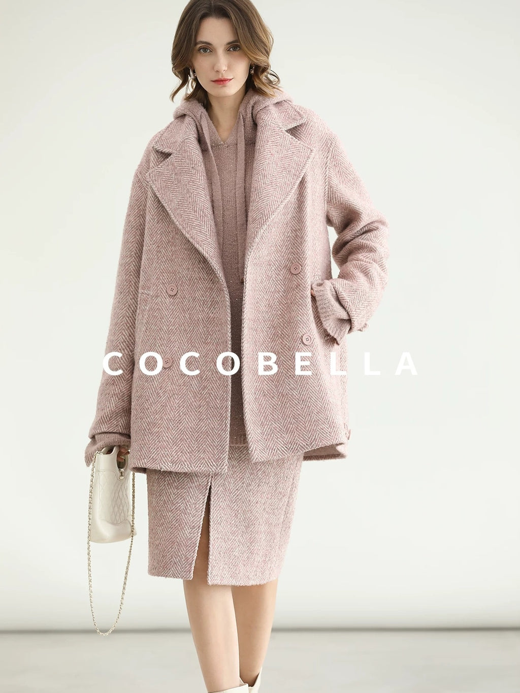 COCOBELLA Wool Blend Herringbone Double Breasted Mid Length Straight Cut Office Lady Coats