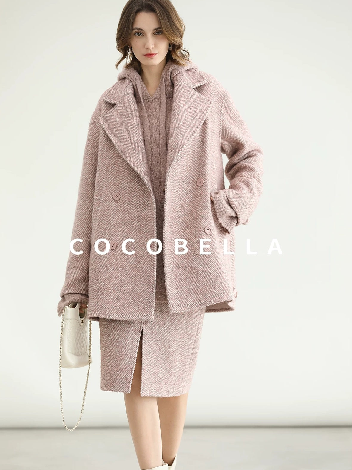 COCOBELLA Wool Blend Herringbone Double Breasted Mid Length Straight Cut Office Lady Coats