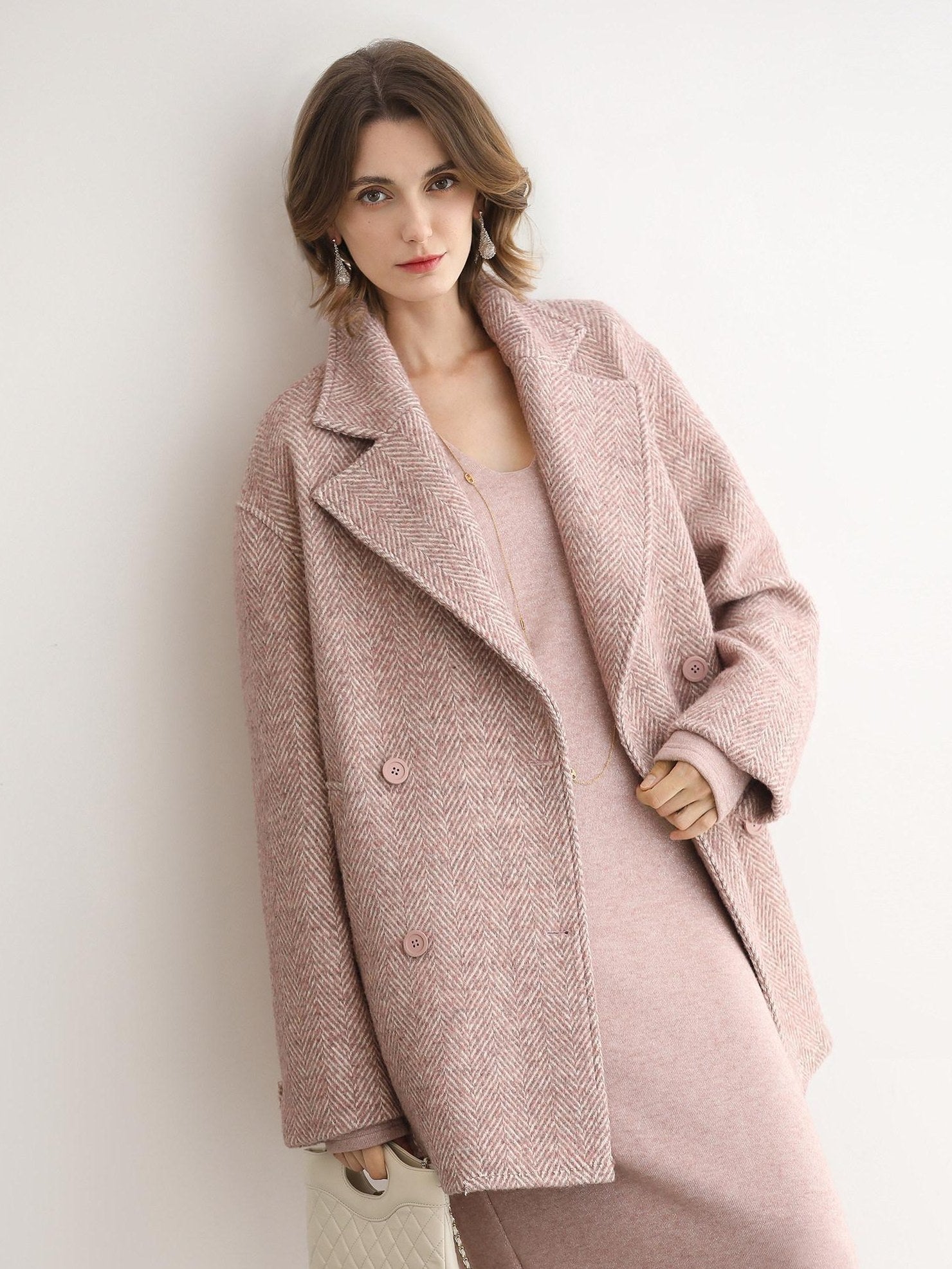 COCOBELLA Wool Blend Herringbone Double Breasted Mid Length Straight Cut Office Lady Coats