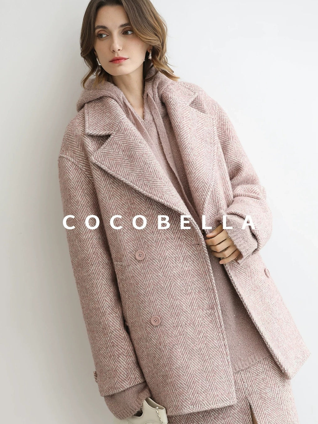 COCOBELLA Wool Blend Herringbone Double Breasted Mid Length Straight Cut Office Lady Coats