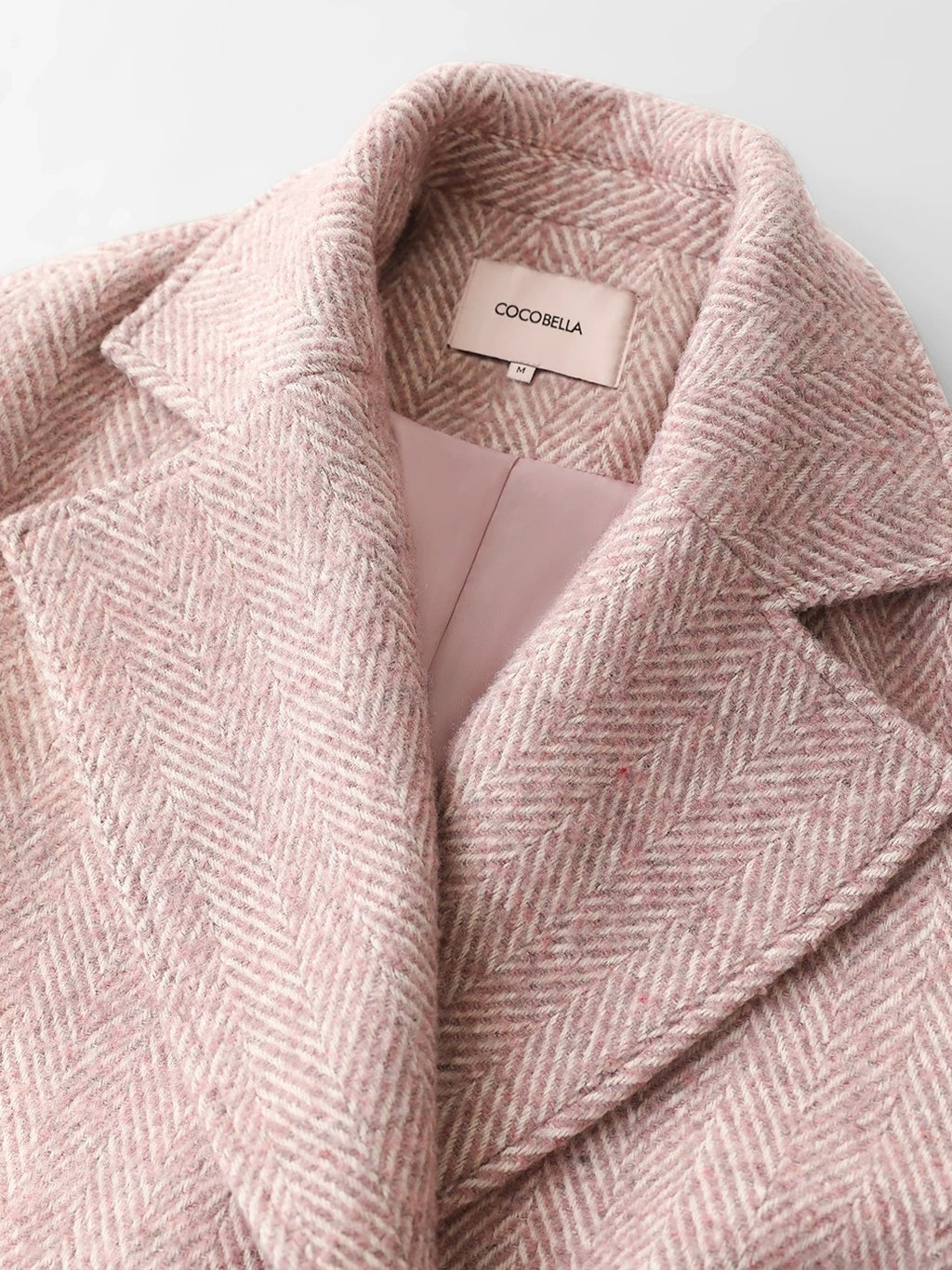 COCOBELLA Wool Blend Herringbone Double Breasted Mid Length Straight Cut Office Lady Coats
