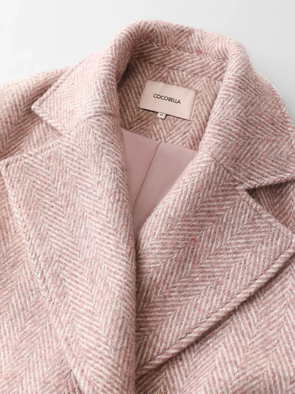 COCOBELLA Wool Blend Herringbone Double Breasted Mid Length Straight Cut Office Lady Coats